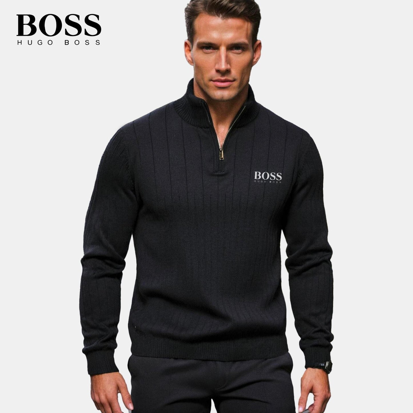 BOSS™ Vertical Ribbed Zip-Neck Sweater