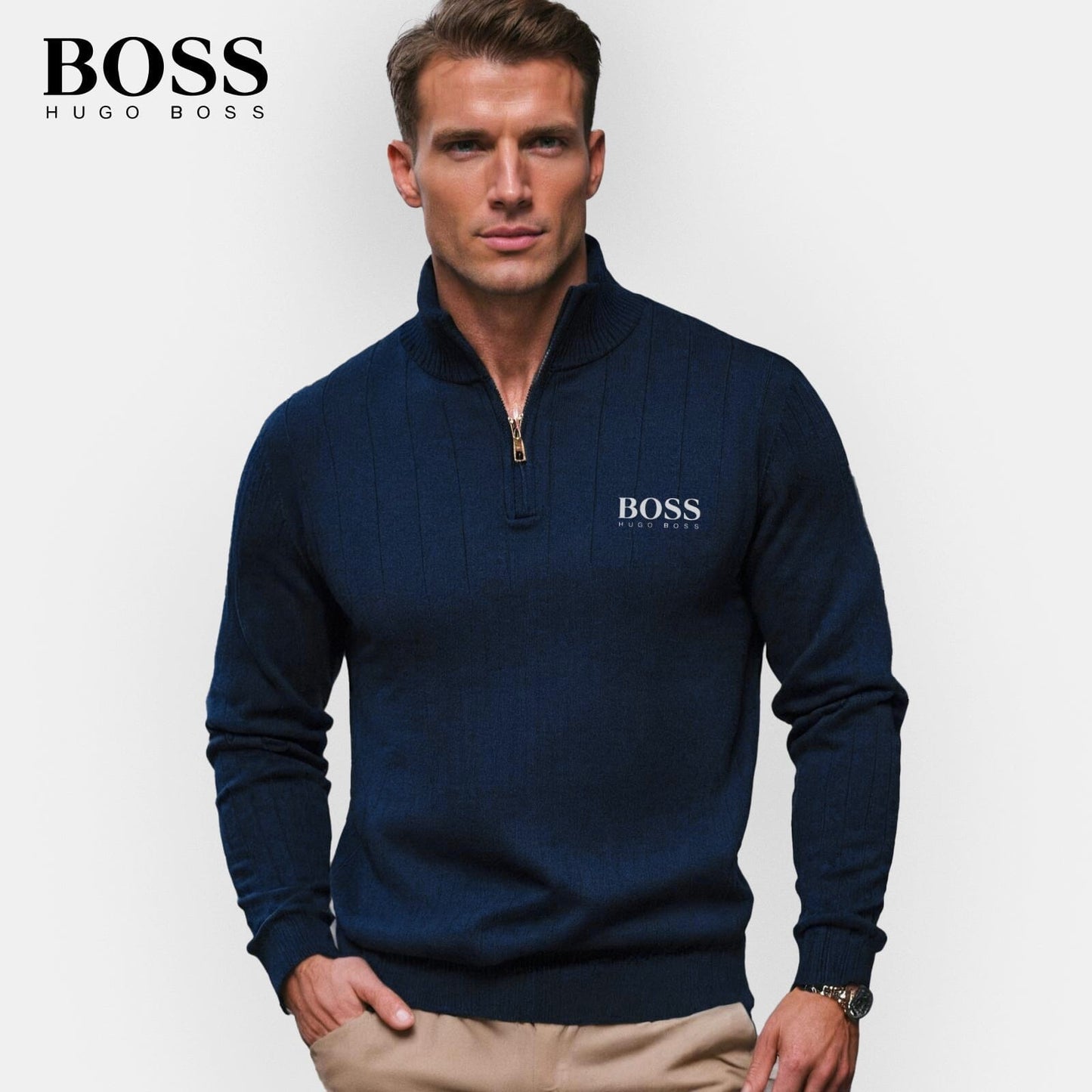 BOSS™ Vertical Ribbed Zip-Neck Sweater
